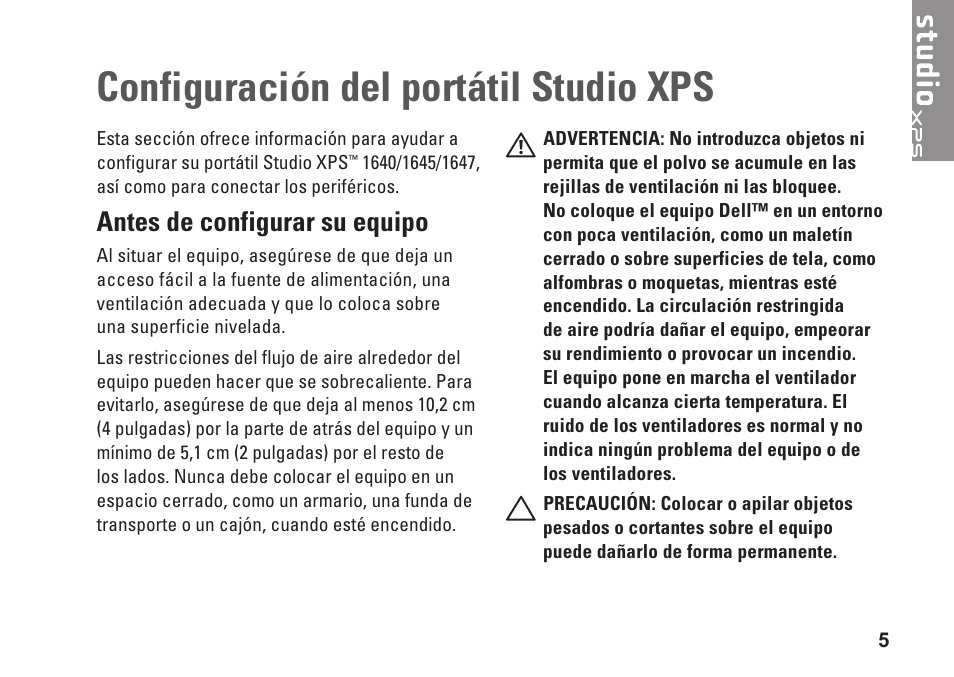 Configuración del portátil studio xps, Antes de configurar su equipo | Dell Studio XPS 1647 (Early 2010) User Manual | Page 7 / 80