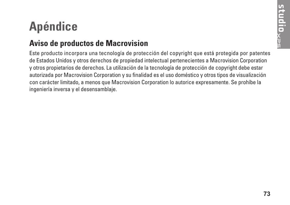 Apéndice, Aviso de productos de macrovision | Dell Studio XPS 1647 (Early 2010) User Manual | Page 75 / 80