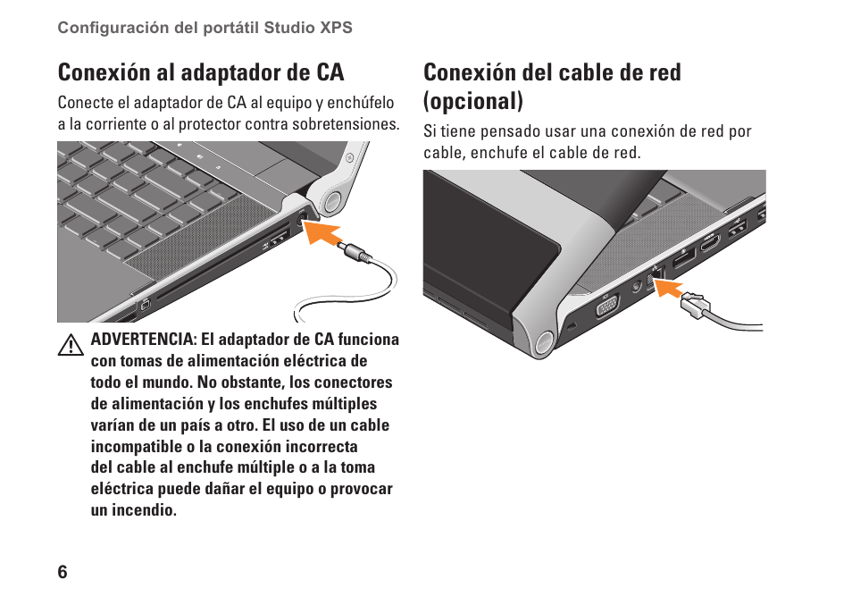 Conexión al adaptador de ca, Conexión del cable de red (opcional) | Dell Studio XPS 1647 (Early 2010) User Manual | Page 8 / 80