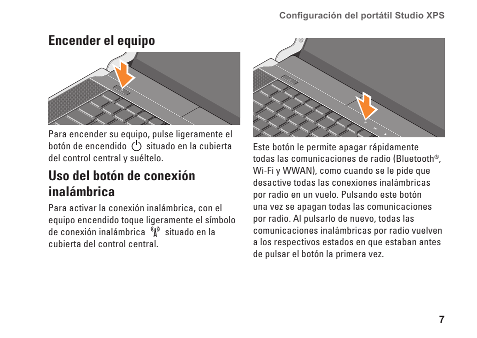 Encender el equipo, Uso del botón de conexión inalámbrica | Dell Studio XPS 1647 (Early 2010) User Manual | Page 9 / 80