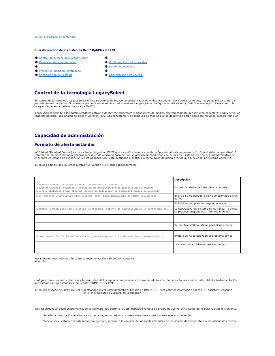 Funciones avanzadas, Control de la tecnología legacyselect, Capacidad de administración | Formato de alerta estándar, Dell openmanage it assistant, Dell openmanage client instrumentation | Dell OptiPlex GX270 User Manual | Page 11 / 183