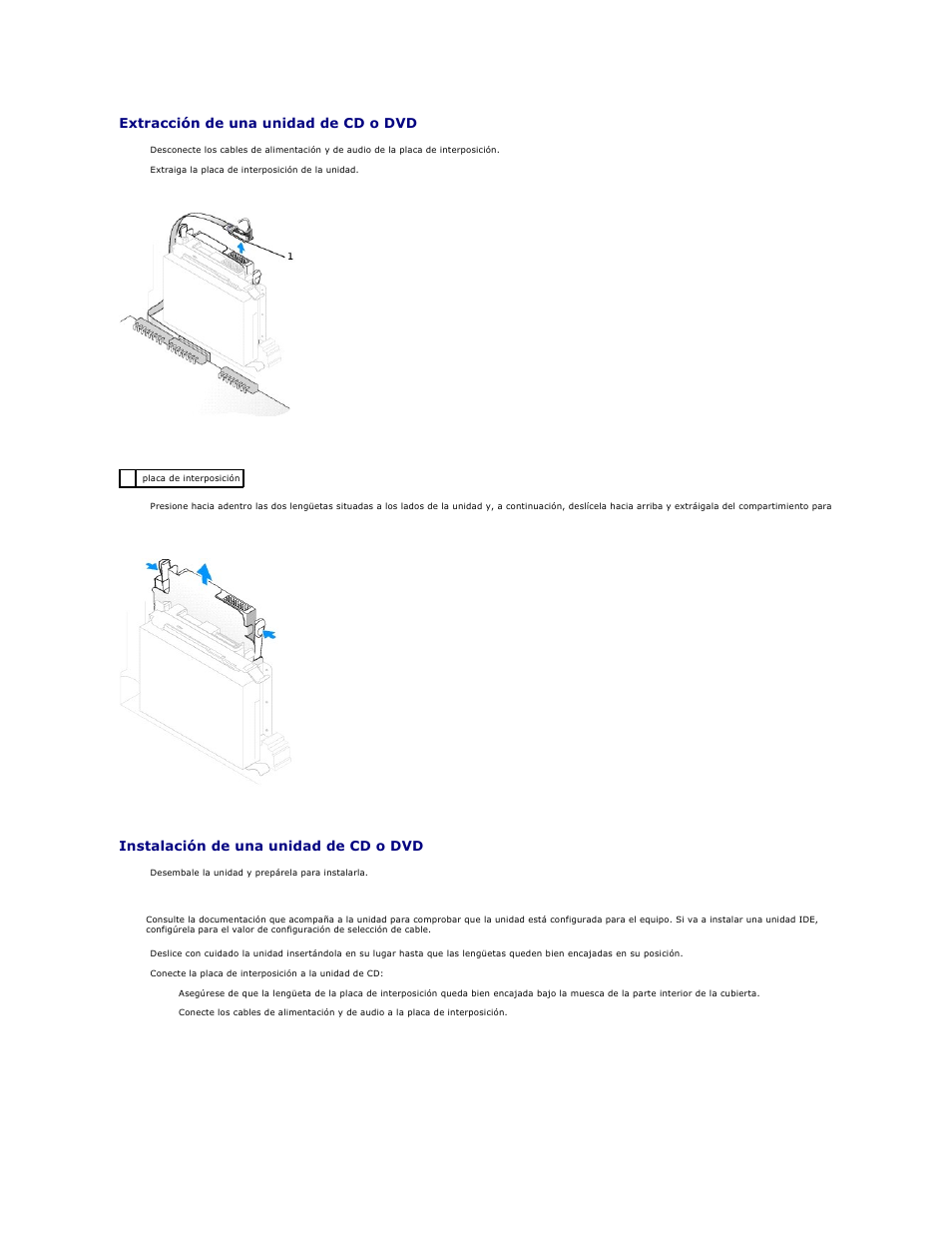 Extracción de una unidad de cd o dvd, Instalación de una unidad de cd o dvd | Dell OptiPlex GX270 User Manual | Page 116 / 183