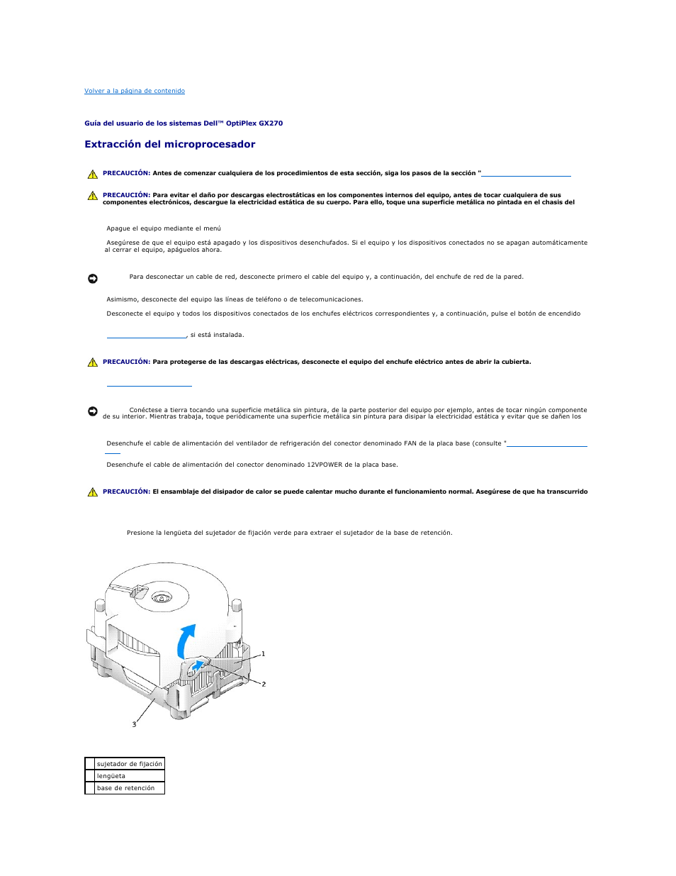 Microprocesador, Extracción del microprocesador | Dell OptiPlex GX270 User Manual | Page 119 / 183