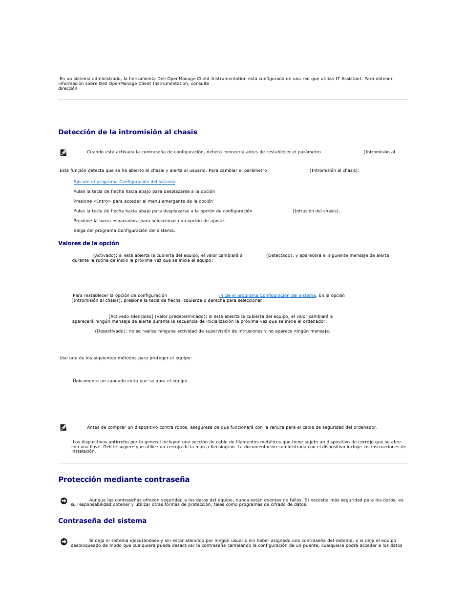 Seguridad, Protección mediante contraseña, Detección de la intromisión al chasis | Contraseña del sistema | Dell OptiPlex GX270 User Manual | Page 12 / 183