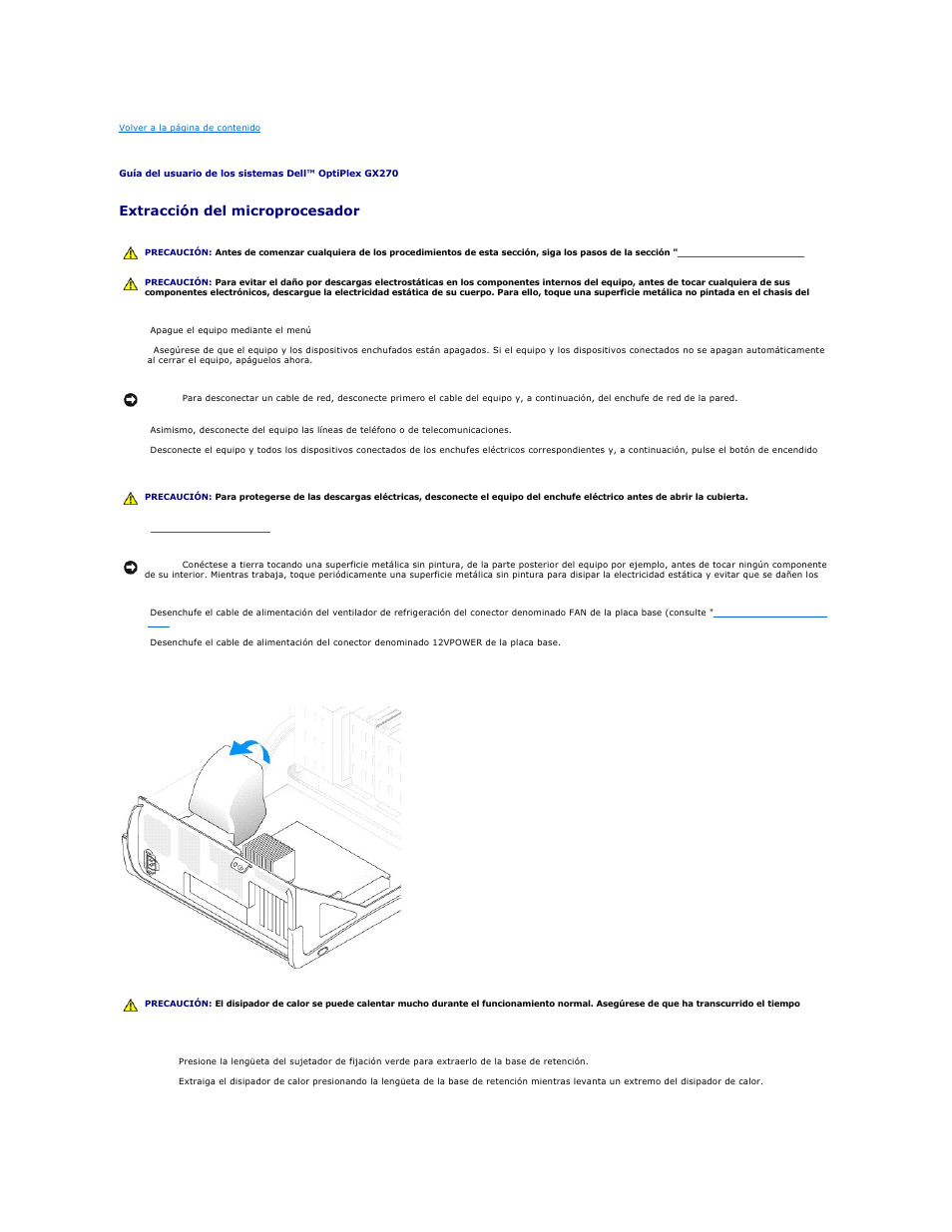 Microprocesador, Extracción del microprocesador | Dell OptiPlex GX270 User Manual | Page 153 / 183