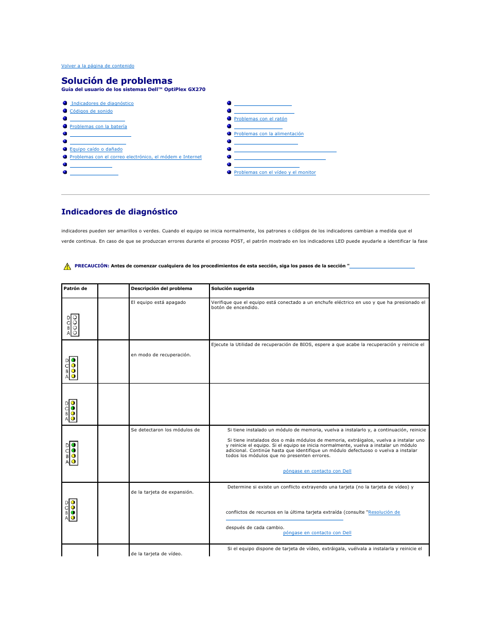Solución de problemas, Indicadores de diagnóstico | Dell OptiPlex GX270 User Manual | Page 158 / 183