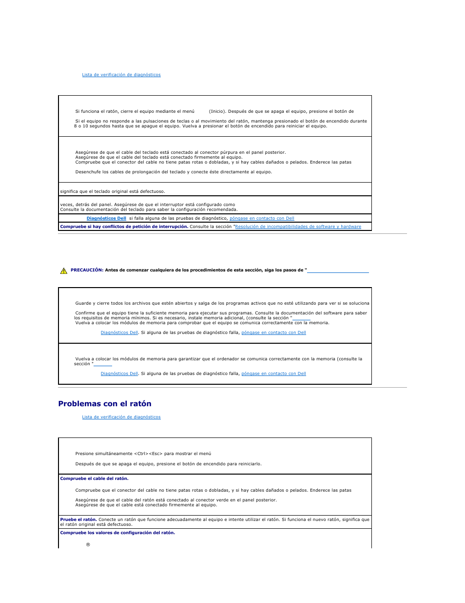 Problemas con el teclado, Problemas con la memoria, Problemas con el ratón | Problemas de memoria, Problemas, Con el teclado, Para obtener sugerencias de solución de problemas | Dell OptiPlex GX270 User Manual | Page 168 / 183