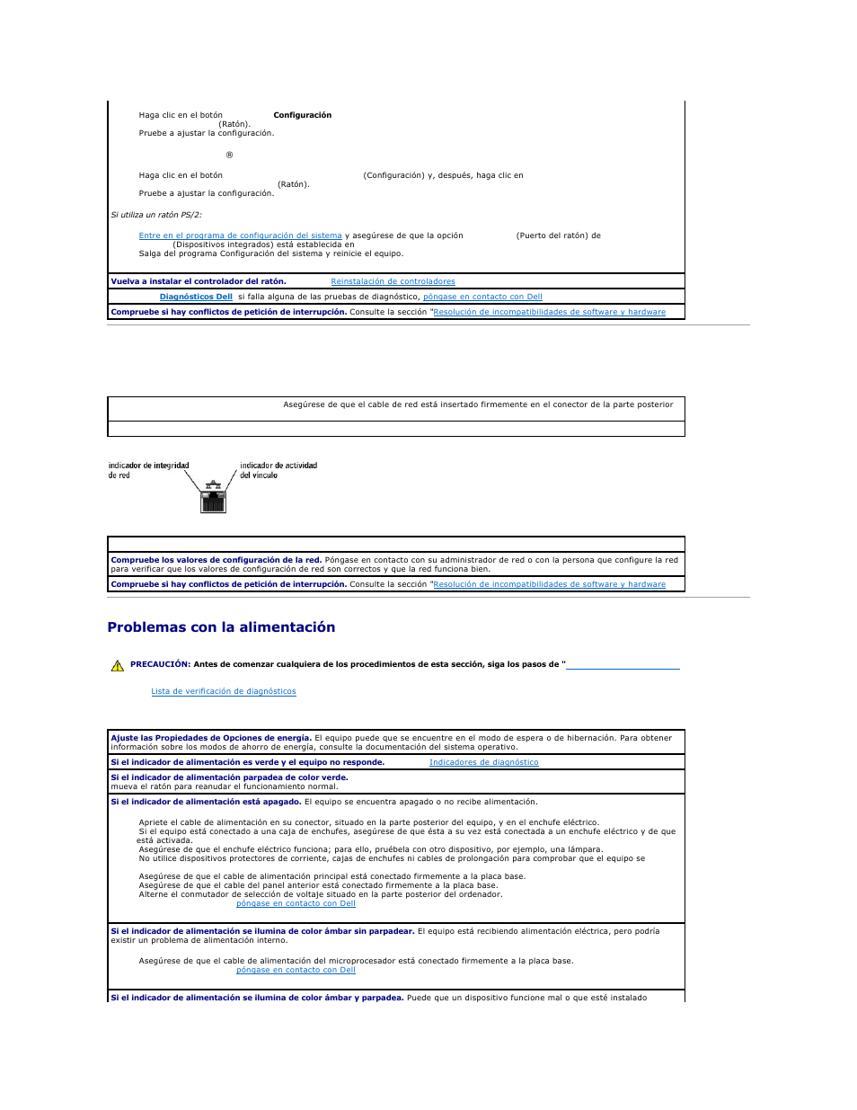 Problemas con la red, Problemas con la alimentación, Consulte | Dell OptiPlex GX270 User Manual | Page 169 / 183