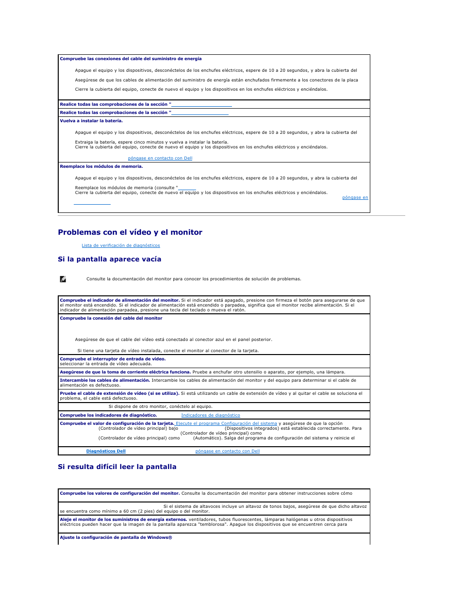 Problemas con el vídeo y el monitor, Si la pantalla aparece vacía, Si resulta difícil leer la pantalla | Dell OptiPlex GX270 User Manual | Page 172 / 183