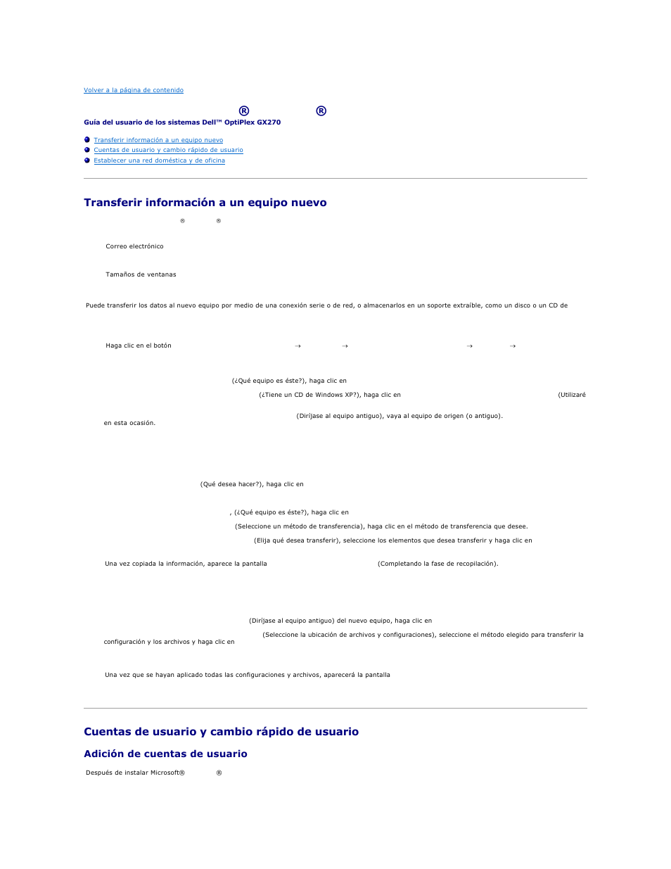 Funciones de microsoft® windows® xp, Transferir información a un equipo nuevo, Cuentas de usuario y cambio rápido de usuario | Adición de cuentas de usuario | Dell OptiPlex GX270 User Manual | Page 182 / 183
