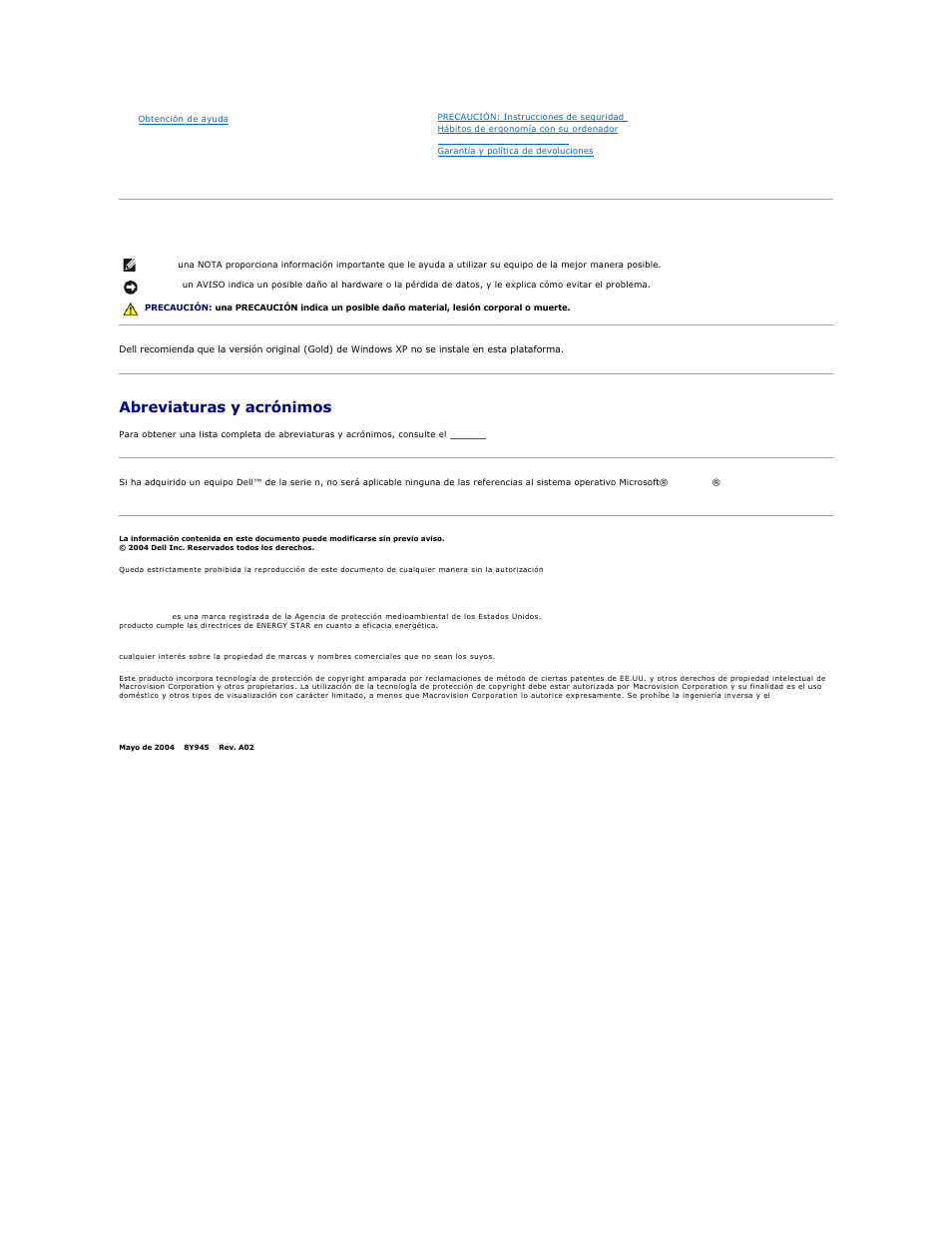 Notas, avisos y precauciones, Abreviaturas y acrónimos | Dell OptiPlex GX270 User Manual | Page 2 / 183