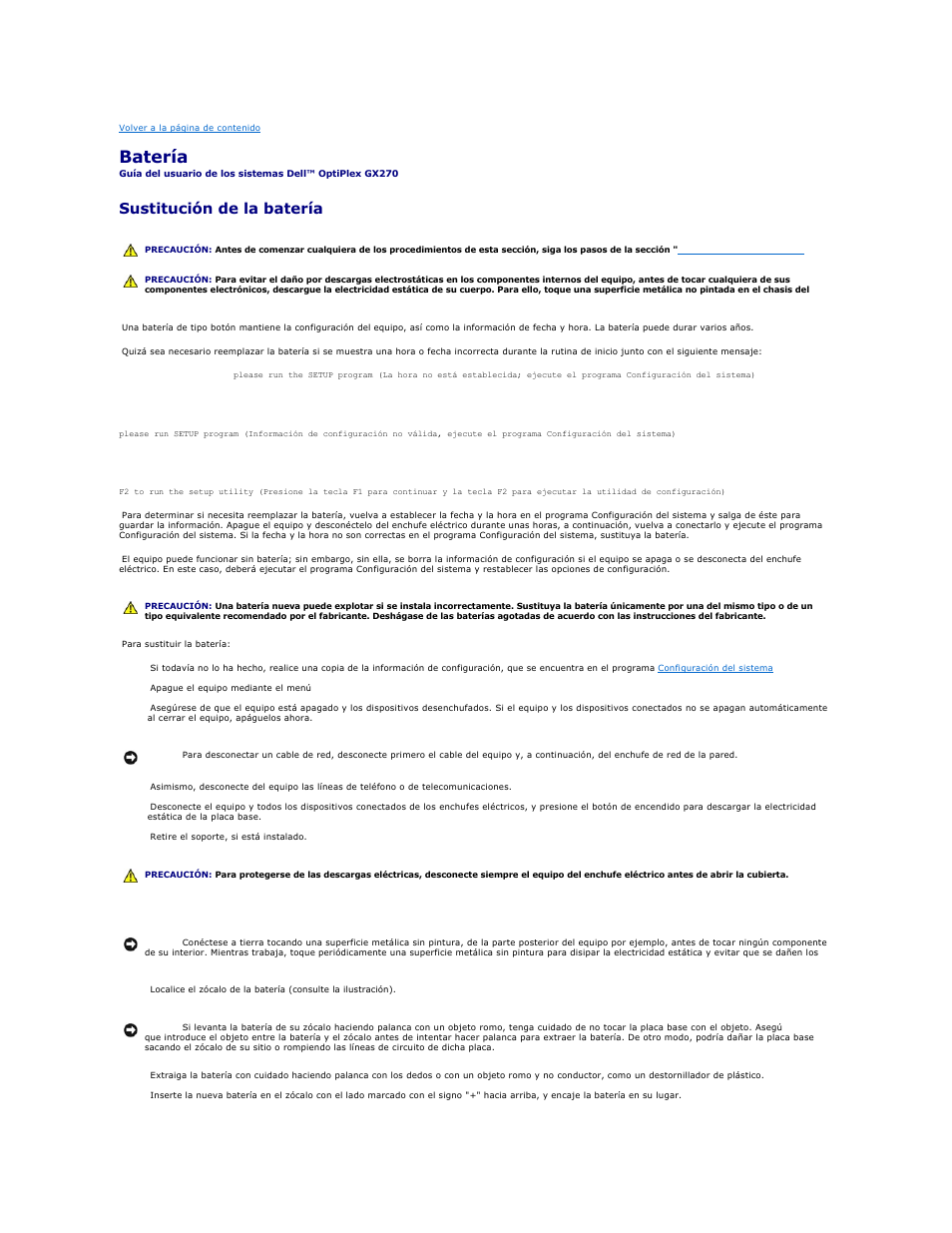 Batería, Sustitución de la batería | Dell OptiPlex GX270 User Manual | Page 23 / 183