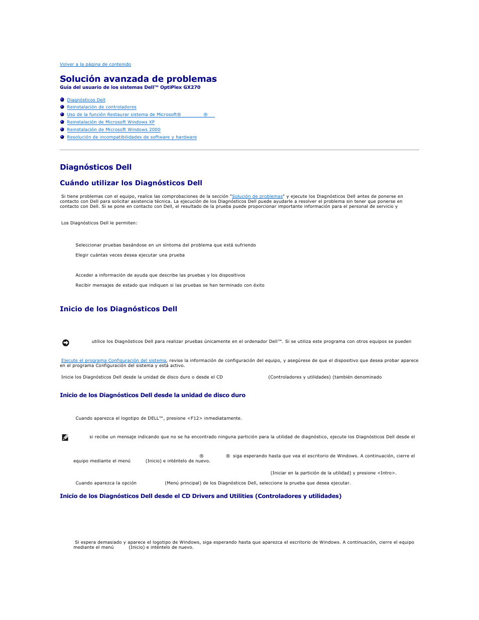 Solución avanzada de problemas, Diagnósticos dell, Cuándo utilizar los diagnósticos dell | Inicio de los diagnósticos dell | Dell OptiPlex GX270 User Manual | Page 3 / 183