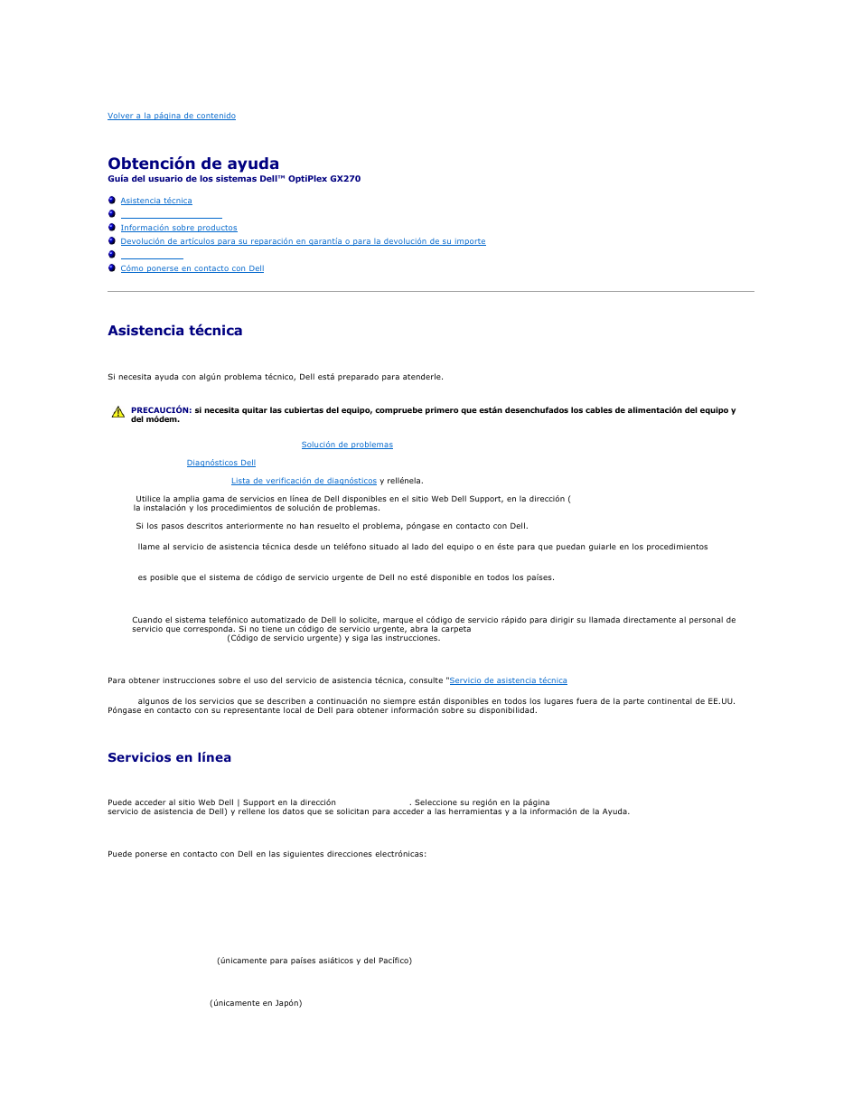 Obtención de ayuda, Asistencia técnica, Servicios en línea | Dell OptiPlex GX270 User Manual | Page 31 / 183