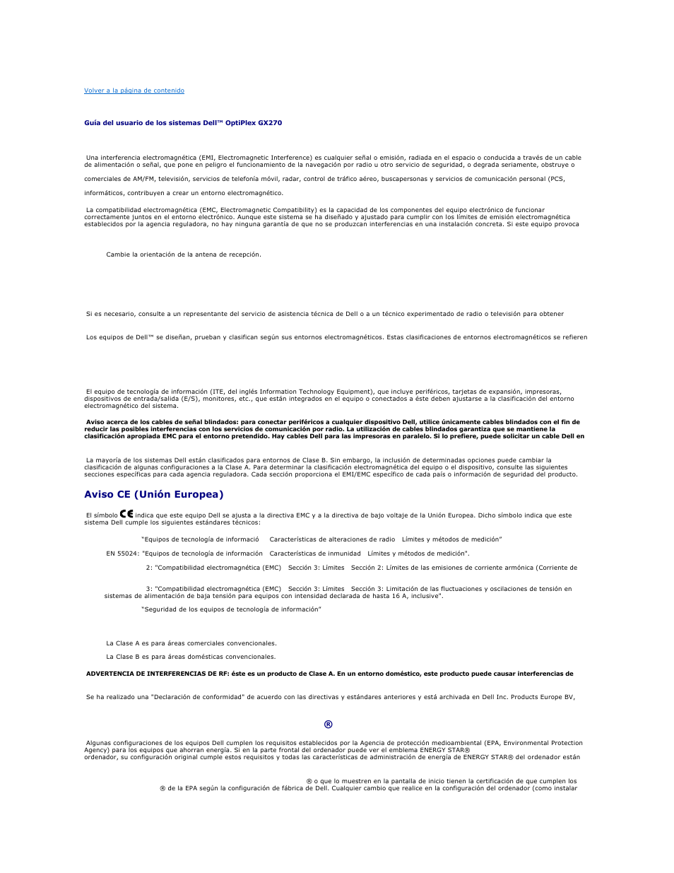 Notificaciones reglamentarias, Aviso ce (unión europea), Conformidad con el programa energy star | Dell OptiPlex GX270 User Manual | Page 55 / 183