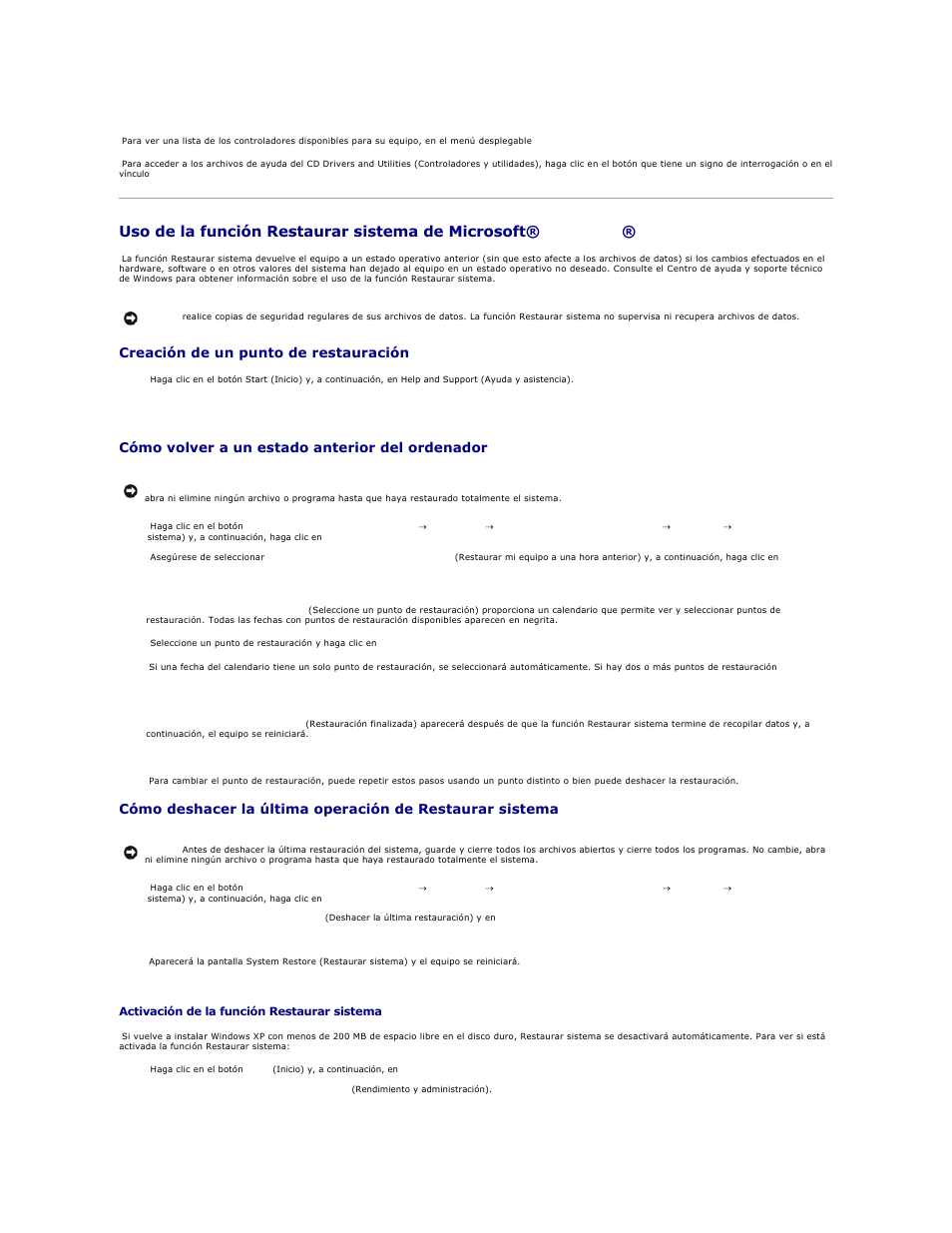 Uso de la función restaurar sistema de microsoft, Windows® xp, Creación de un punto de restauración | Cómo volver a un estado anterior del ordenador | Dell OptiPlex GX270 User Manual | Page 6 / 183