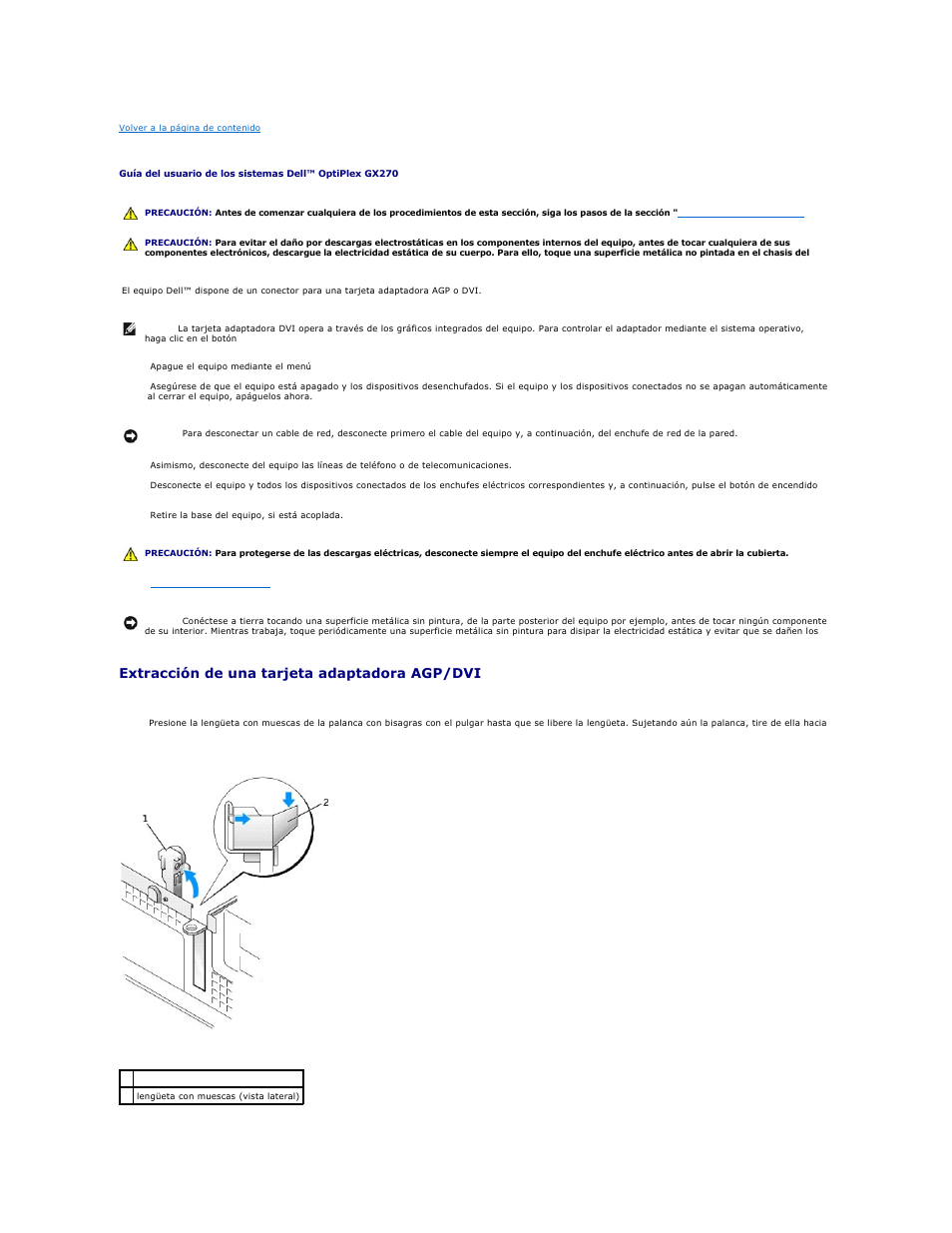 Tarjetas adaptadoras agp y dvi, Extracción de una tarjeta adaptadora agp/dvi | Dell OptiPlex GX270 User Manual | Page 67 / 183