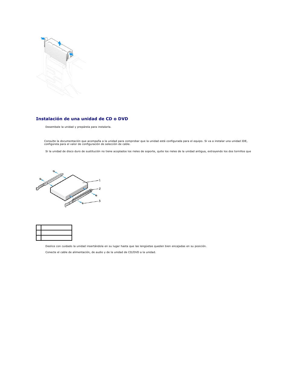 Instalación de una unidad de cd o dvd | Dell OptiPlex GX270 User Manual | Page 86 / 183