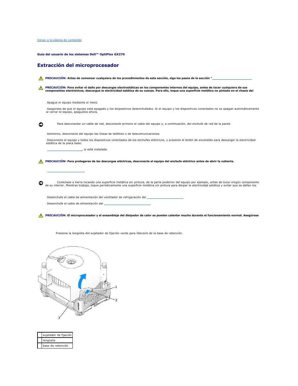 Microprocesador, Extracción del microprocesador | Dell OptiPlex GX270 User Manual | Page 89 / 183