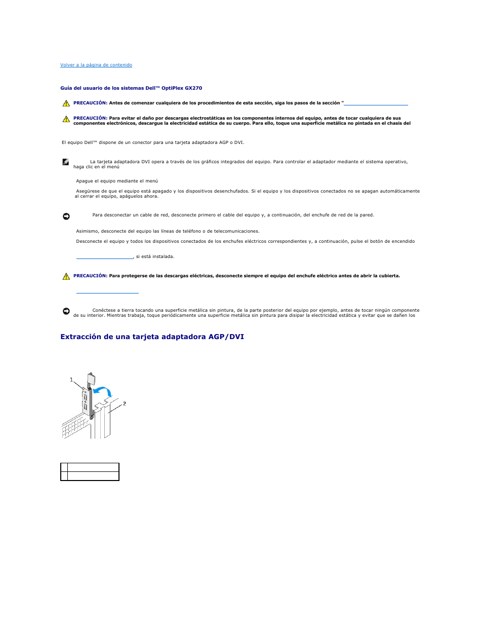 Tarjetas adaptadoras agp y dvi, Extracción de una tarjeta adaptadora agp/dvi | Dell OptiPlex GX270 User Manual | Page 99 / 183