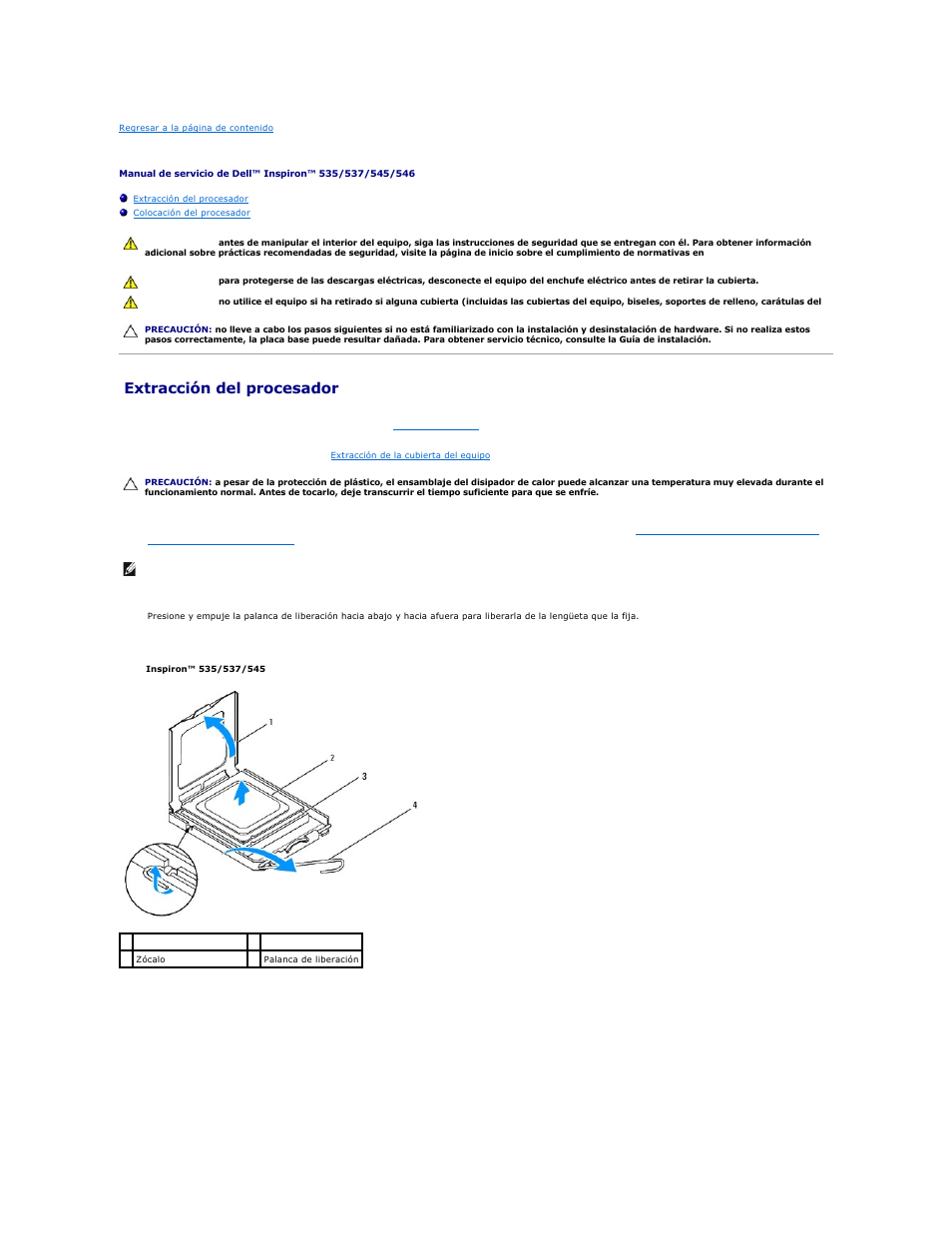 Procesador, Extracción del procesador | Dell Inspiron 545 (Early 2009) User Manual | Page 13 / 47