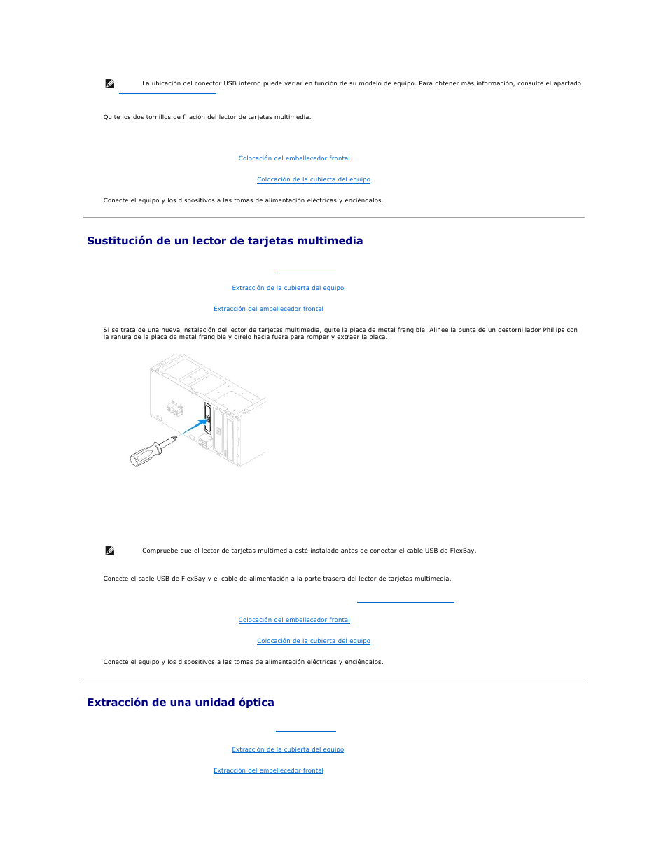 Sustitución de un lector de tarjetas multimedia, Extracción de una unidad óptica | Dell Inspiron 545 (Early 2009) User Manual | Page 18 / 47