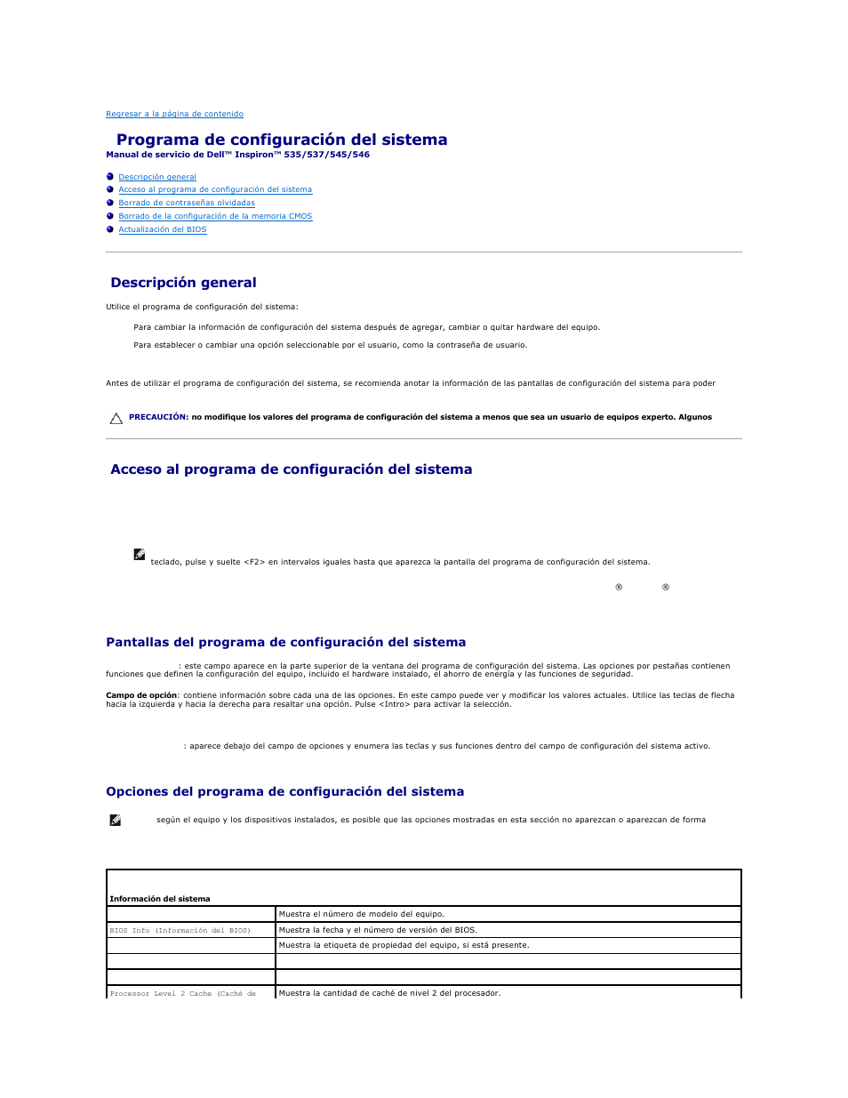 Programa de configuración del sistema, Descripción general, Acceso al programa de configuración del sistema | Opciones del programa de configuración del sistema | Dell Inspiron 545 (Early 2009) User Manual | Page 32 / 47