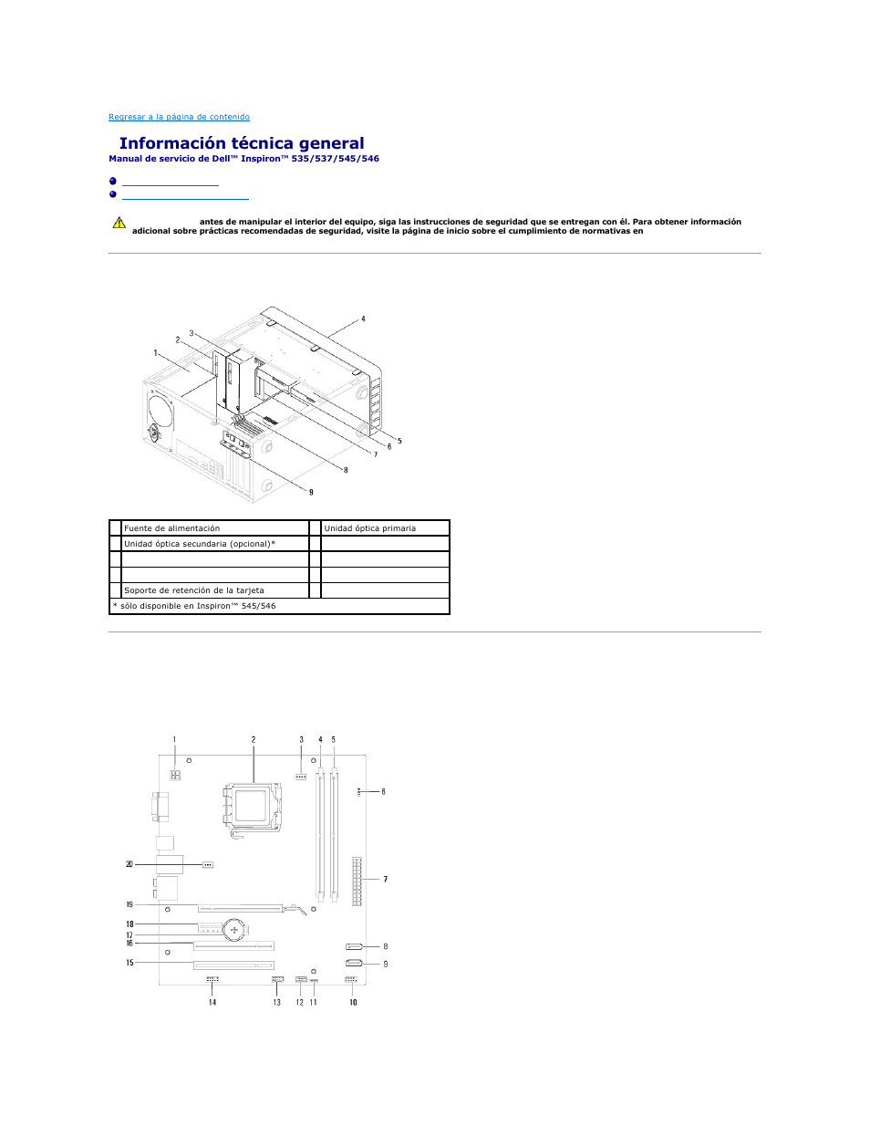 Información técnica general, Vista interior del equipo, Componentes de la placa base | Dell Inspiron 545 (Early 2009) User Manual | Page 45 / 47