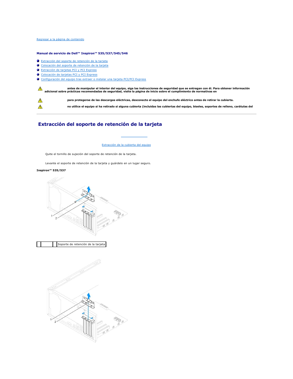 Tarjetas pci y pci express, Extracción del soporte de retención de la tarjeta | Dell Inspiron 545 (Early 2009) User Manual | Page 5 / 47