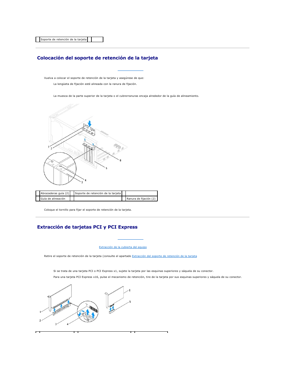 Colocación del soporte de retención de la tarjeta, Extracción de tarjetas pci y pci express | Dell Inspiron 545 (Early 2009) User Manual | Page 6 / 47