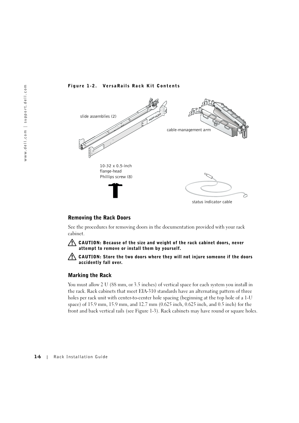 Removing the rack doors, Marking the rack, Removing the rack doors -6 | Marking the rack -6 | Dell PowerVault 775N (Rackmount NAS Appliance) User Manual | Page 10 / 176