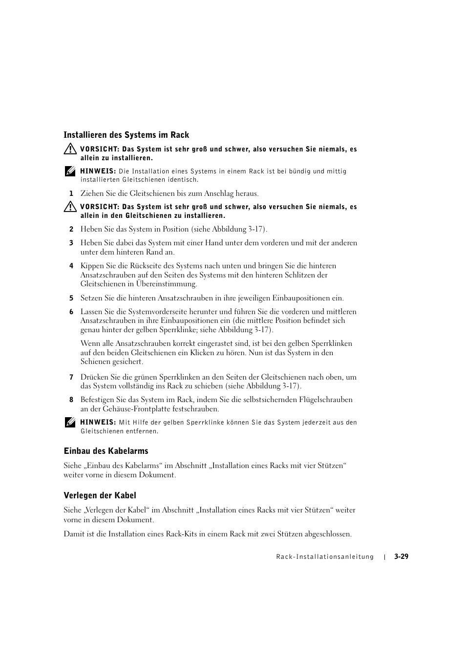 Installieren des systems im rack, Einbau des kabelarms, Verlegen der kabel | Instaiiation des systems im rack -13, Einbau des kabeiarms -29, Veriegen der kabei -29 | Dell PowerVault 775N (Rackmount NAS Appliance) User Manual | Page 103 / 176