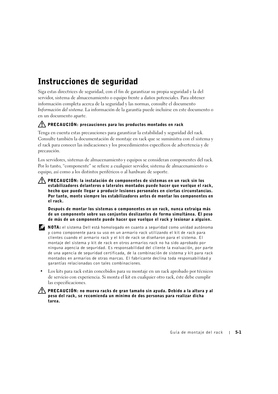 Instrucciones de seguridad, Instrucciones de seguridad -1 | Dell PowerVault 775N (Rackmount NAS Appliance) User Manual | Page 145 / 176