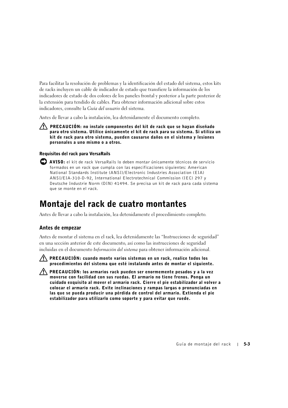 Montaje del rack de cuatro montantes, Antes de empezar, Montaje del rack de cuatro montantes -3 | Antes de empezar -3 | Dell PowerVault 775N (Rackmount NAS Appliance) User Manual | Page 147 / 176