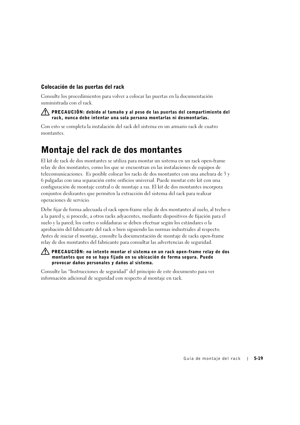 Colocación de las puertas del rack, Montaje del rack de dos montantes, Coiocación de ias puertas dei rack -19 | Montaje del rack de dos montantes -19 | Dell PowerVault 775N (Rackmount NAS Appliance) User Manual | Page 163 / 176