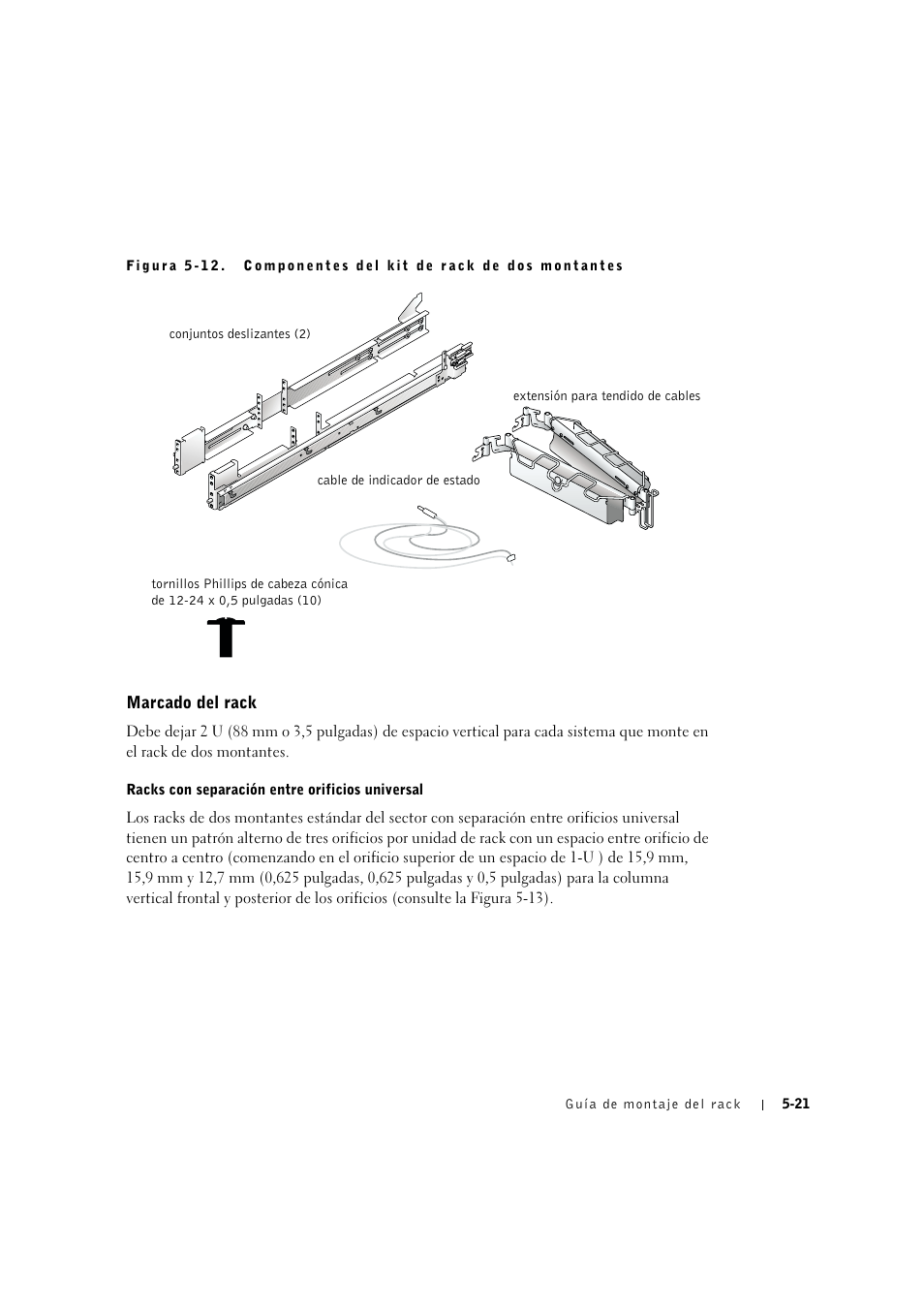 Marcado del rack, Racks con separación entre orificios universal, Marcado dei rack -21 | Dell PowerVault 775N (Rackmount NAS Appliance) User Manual | Page 165 / 176