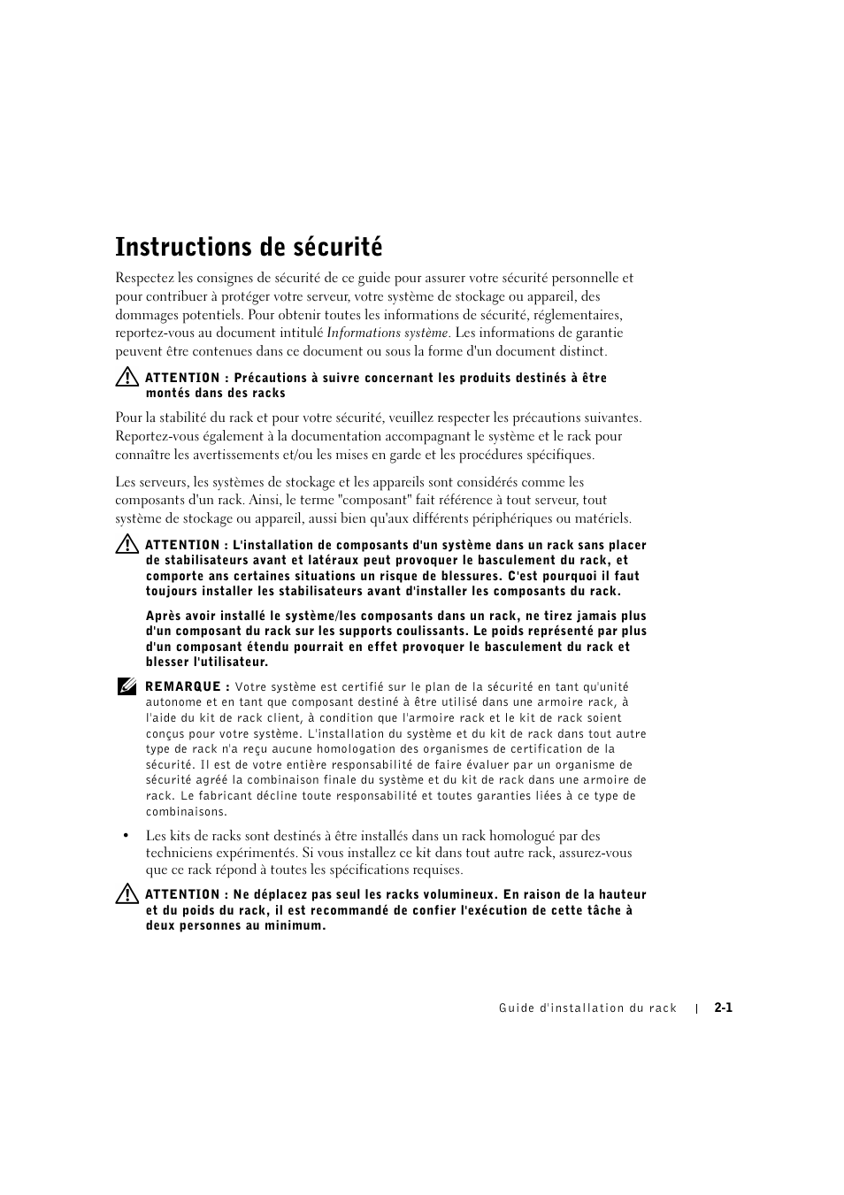 Instructions de sécurité, Instructions de sécurité -1 | Dell PowerVault 775N (Rackmount NAS Appliance) User Manual | Page 39 / 176