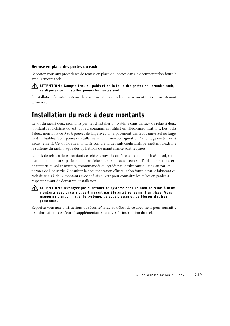 Remise en place des portes du rack, Installation du rack à deux montants, Remise en place des portes du rack -19 | Installation du rack à deux montants -19 | Dell PowerVault 775N (Rackmount NAS Appliance) User Manual | Page 57 / 176