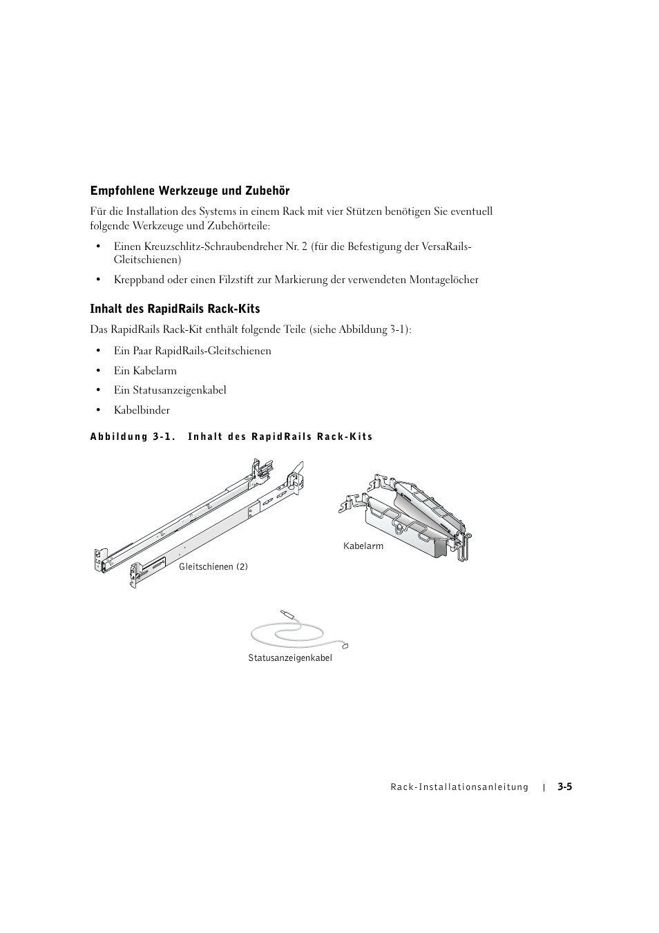 Empfohlene werkzeuge und zubehör, Inhalt des rapidrails rack-kits, Empfohiene werkzeuge und zubehör -5 | Inhait des rapidraiis rack-kits -5 | Dell PowerVault 775N (Rackmount NAS Appliance) User Manual | Page 79 / 176