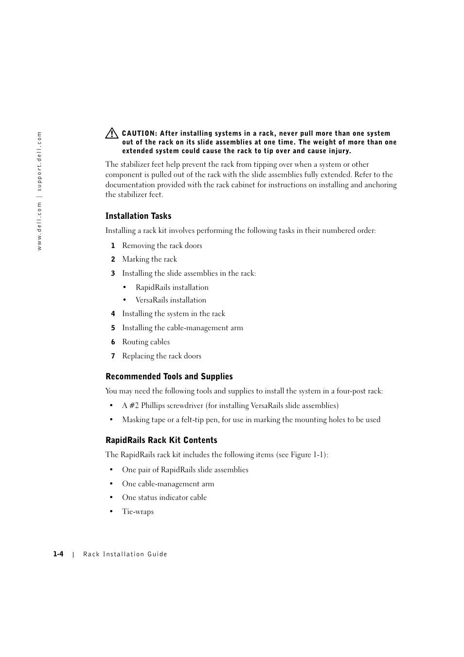 Installation tasks, Recommended tools and supplies, Rapidrails rack kit contents | Installation tasks -4, Recommended tools and supplies -4, Rapidrails rack kit contents -4 | Dell PowerVault 775N (Rackmount NAS Appliance) User Manual | Page 8 / 176