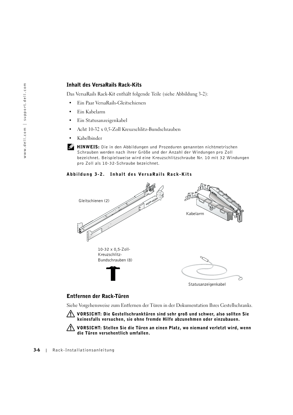 Inhalt des versarails rack-kits, Entfernen der rack-türen, Inhait des versaraiis rack-kits -6 | Entfernen der rack-türen -6 | Dell PowerVault 775N (Rackmount NAS Appliance) User Manual | Page 80 / 176