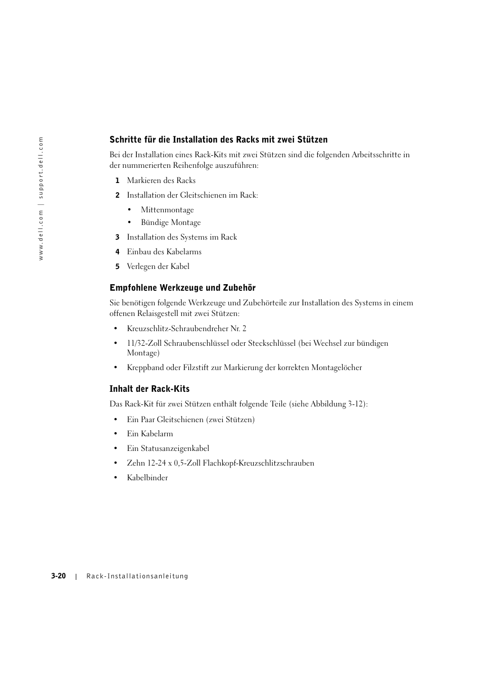 Empfohlene werkzeuge und zubehör, Inhalt der rack-kits, Empfohiene werkzeuge und zubehör -20 | Inhait der rack-kits -20 | Dell PowerVault 775N (Rackmount NAS Appliance) User Manual | Page 94 / 176