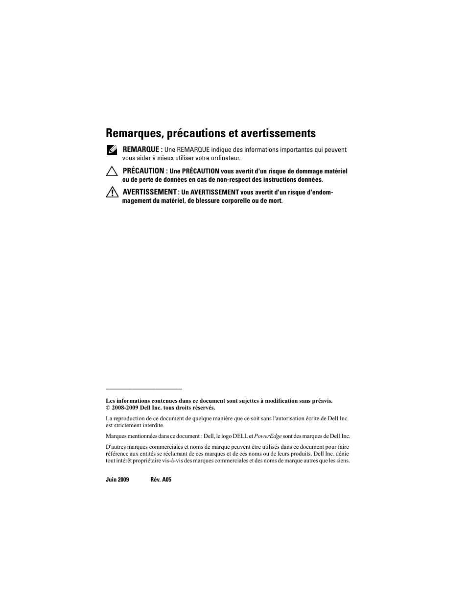 Remarques, précautions et avertissements | Dell PowerEdge R900 User Manual | Page 18 / 56