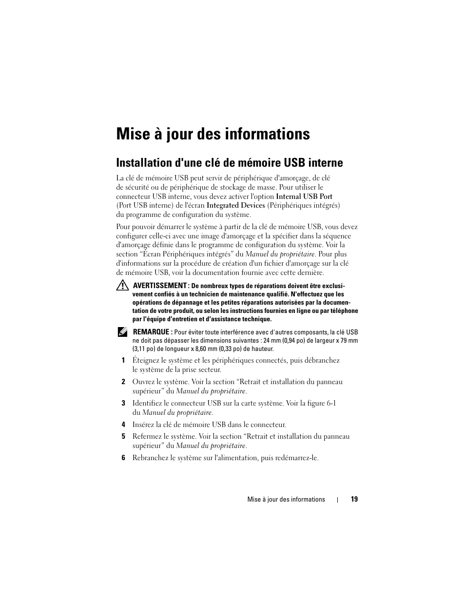 Installation d'une clé de mémoire usb interne, Mise à jour des informations | Dell PowerEdge R900 User Manual | Page 19 / 56