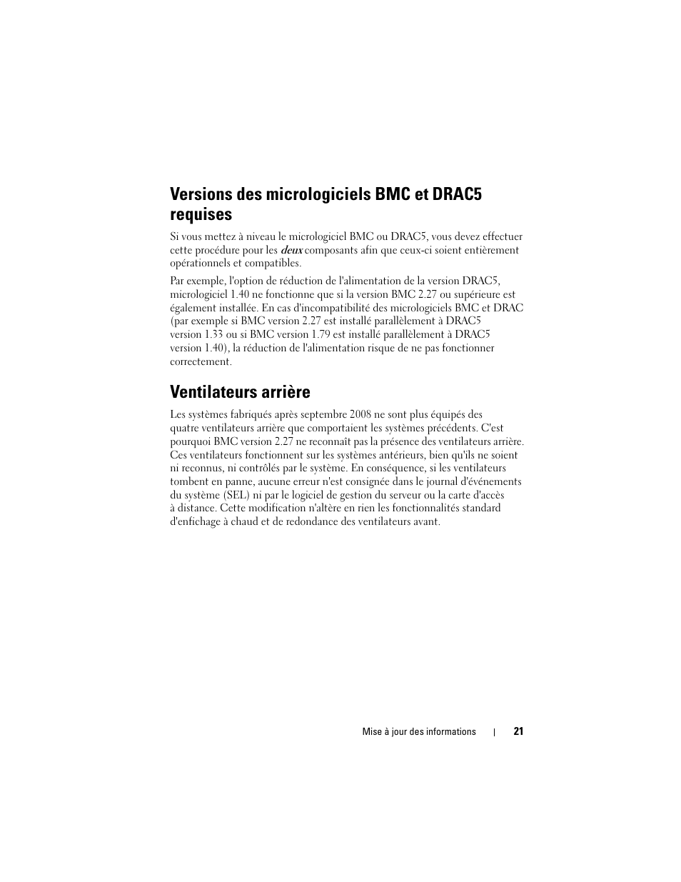 Versions des micrologiciels bmc et drac5 requises, Ventilateurs arrière | Dell PowerEdge R900 User Manual | Page 21 / 56