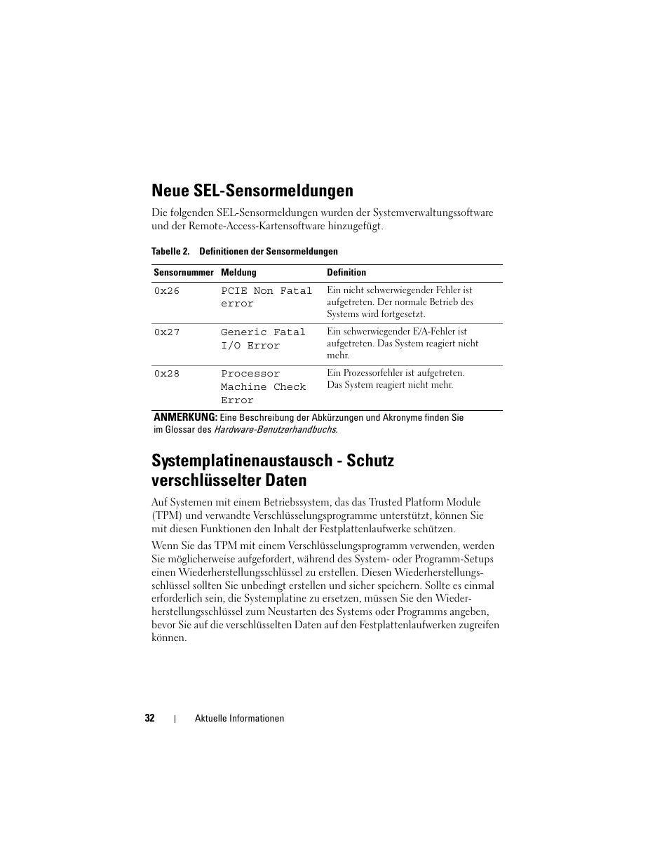 Neue sel-sensormeldungen | Dell PowerEdge R900 User Manual | Page 32 / 56