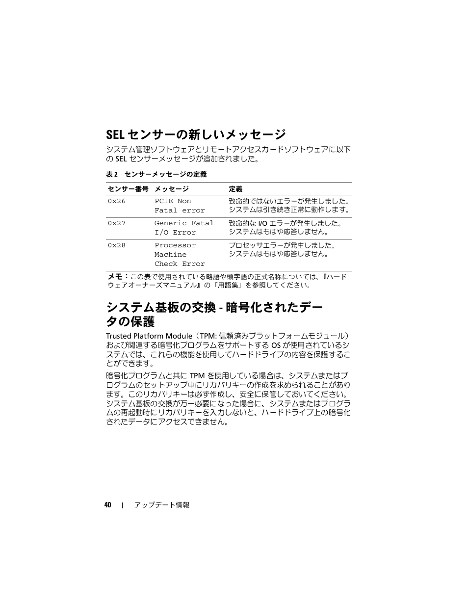 Sel センサーの新しいメッセージ, システム基板の交換 - 暗号化されたデー タの保護 | Dell PowerEdge R900 User Manual | Page 40 / 56