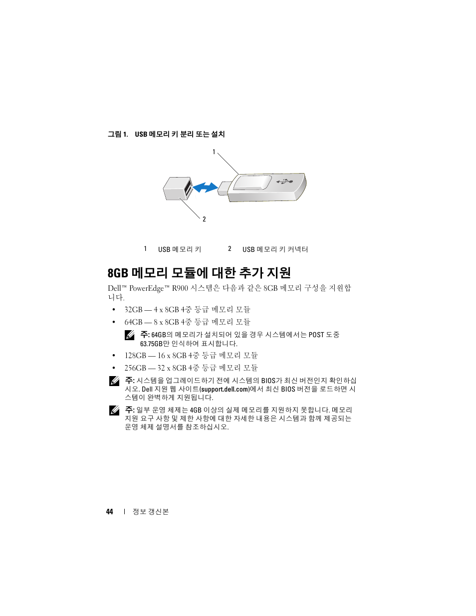 8gb 메모리 모듈에 대한 추가 지원 | Dell PowerEdge R900 User Manual | Page 44 / 56