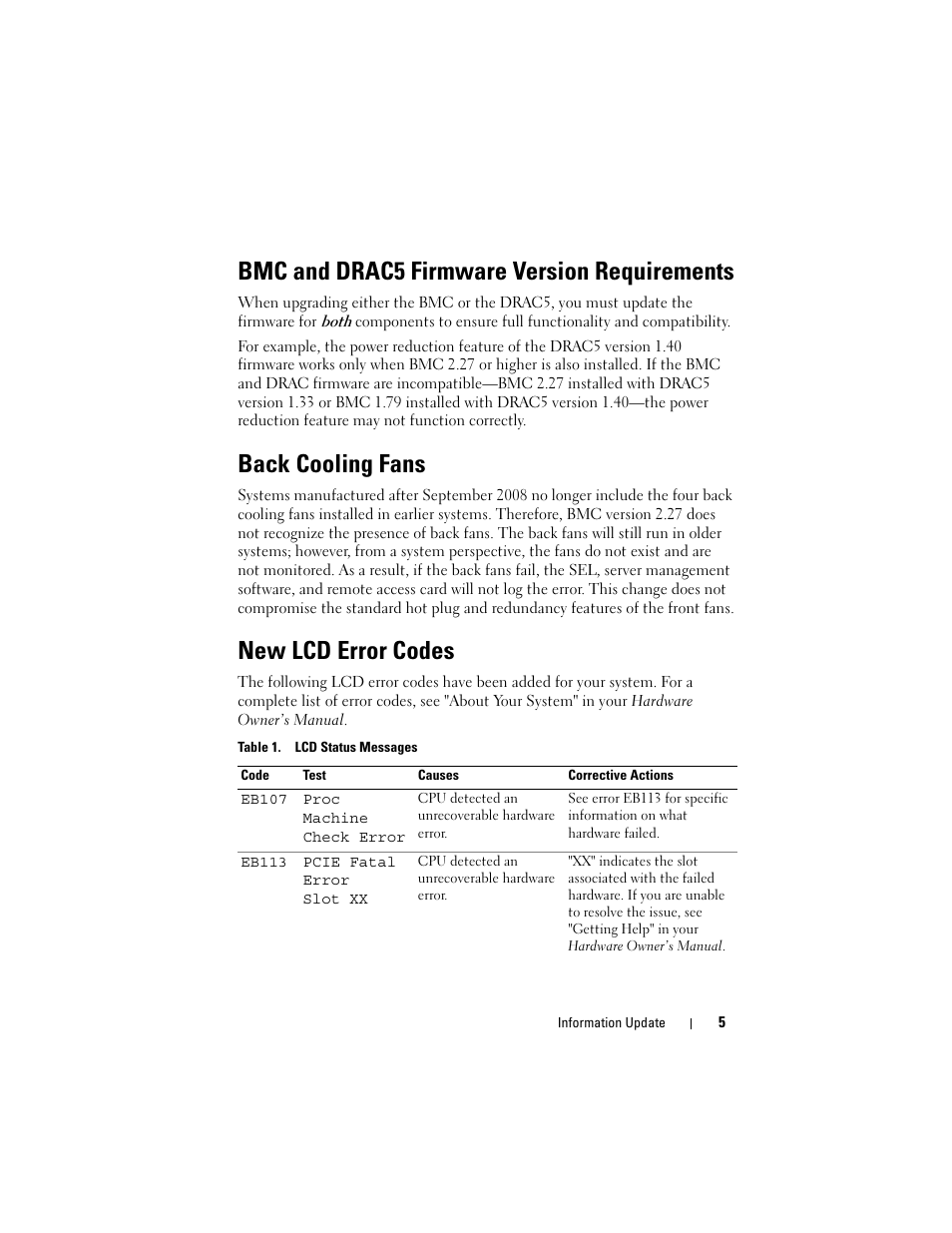 Bmc and drac5 firmware version requirements, Back cooling fans, New lcd error codes | Dell PowerEdge R900 User Manual | Page 5 / 56