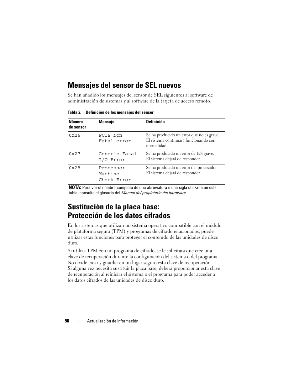 Mensajes del sensor de sel nuevos | Dell PowerEdge R900 User Manual | Page 56 / 56